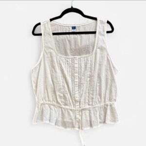 White Sheer Cotton-Linen Corset Top with Ruffle Hem | Size XL